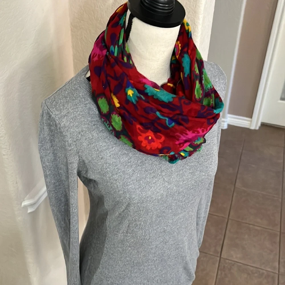 Red floral with fringe scarf